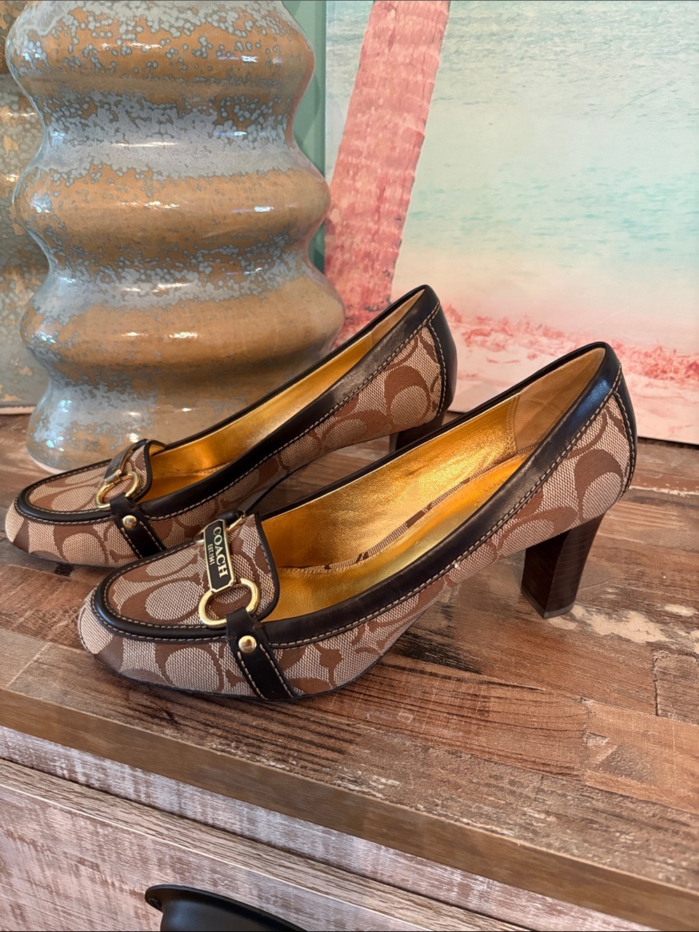 COACH Brown Signature Logo Mid Heel Pumps with Gold Hardware
